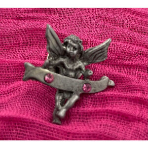 Angel Pin with Pink Stones. Vintage Pewter Avon Lapel pin